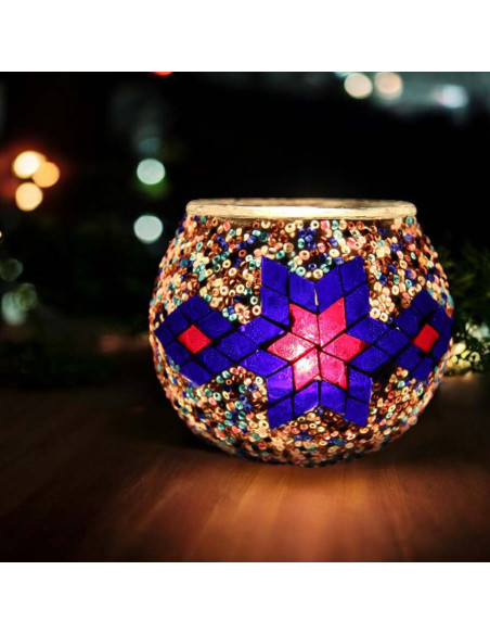 Bougeoir marocain en mosaïque de verre, étoile rouge et bleue