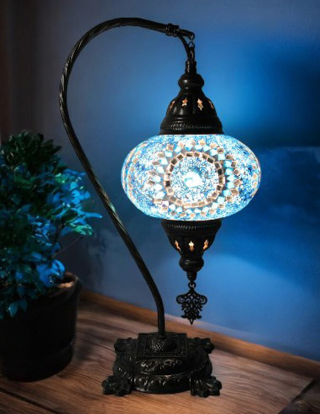 Turkish Mosaic Gooseneck Lamp with sky-blue circles, 17 in