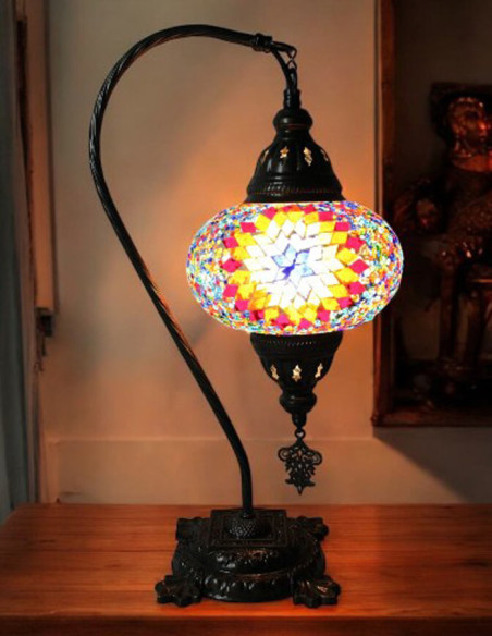Turkish Mosaic Gooseneck Lamp with a red and blue rosette, 17 in