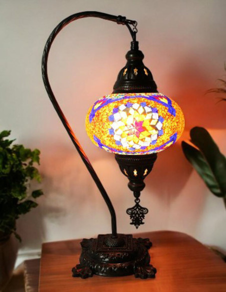 Turkish Mosaic Gooseneck Lamp with a purple and yellow rosette, 17 in
