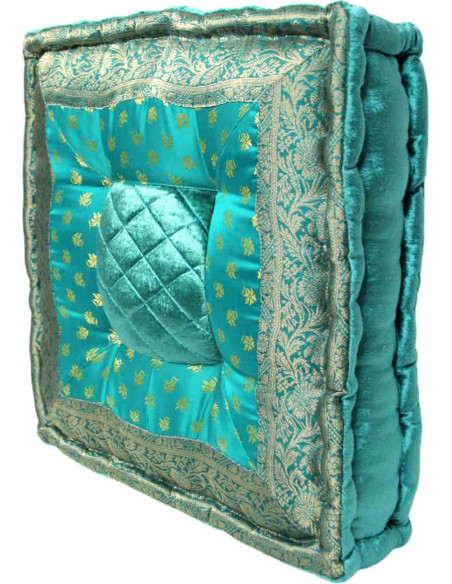 Coussin de sol brocart vert émeraude, 18 x 18 po