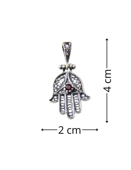 Fatima hand pendant adorned with a purple pearl.