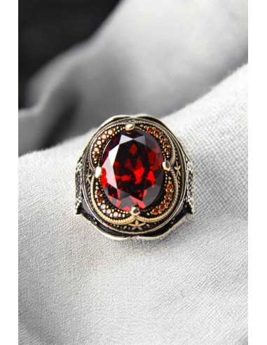 925 silver ring with oval red stone (zircon)