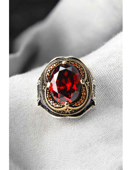 925 silver ring with oval red stone (zircon)