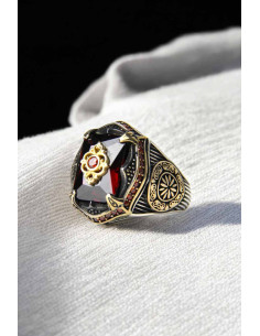 925 silver ring with square red stone and star
