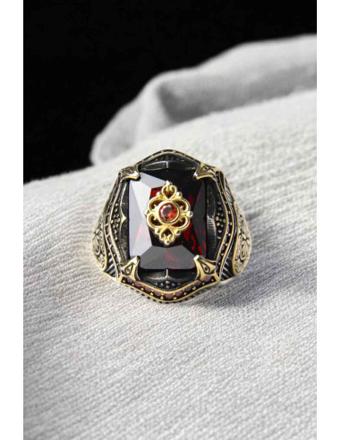 925 silver ring with square red stone and star