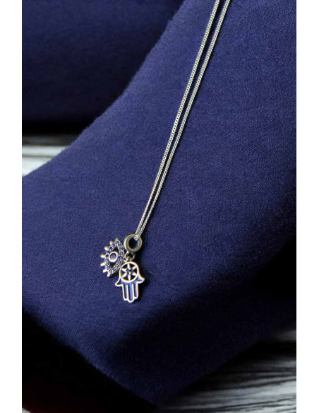 925 silver necklace with blue Hand of Fatima and sun