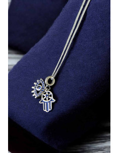 Collier en argent 925 à main de Fatma bleue et soleil 2