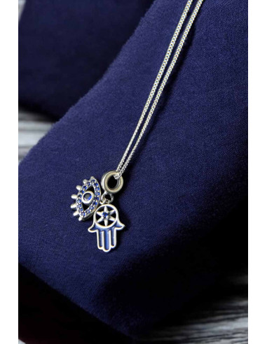 Collier en argent 925 à main de Fatma bleue et...
