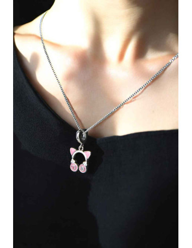 Collier en argent 925 à chat rose