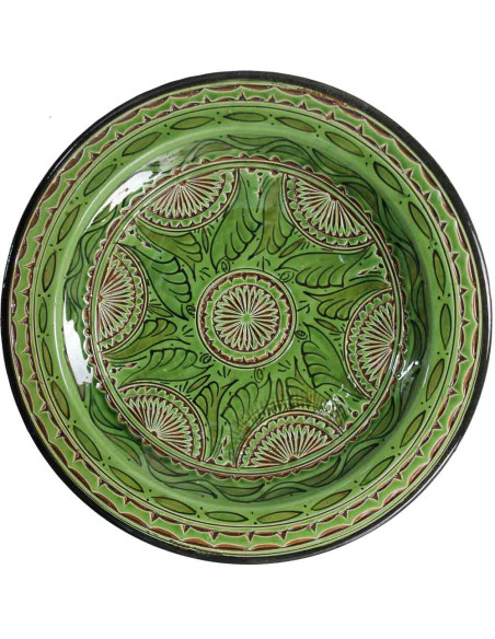 Assiette marocaine verte à fleurs gravées, 16 po, GT