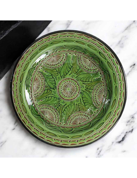 Green Moroccan plate with engraved flowers, 16 in, GT