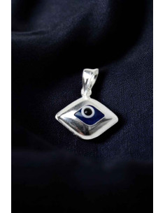 Diamond-shaped silver pendant with blue eye