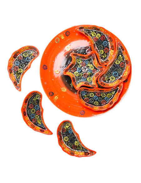 Bright orange ceramic appetizer set with yellow flowers