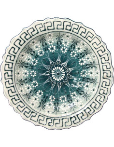 White Turkish plate, turquoise mandala and Greek key border