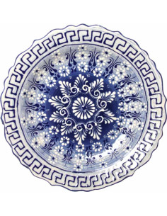Assiette turque blanche à mandala bleu et frise grecque