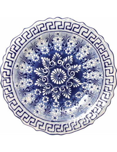Assiette turque blanche à mandala bleu et frise...