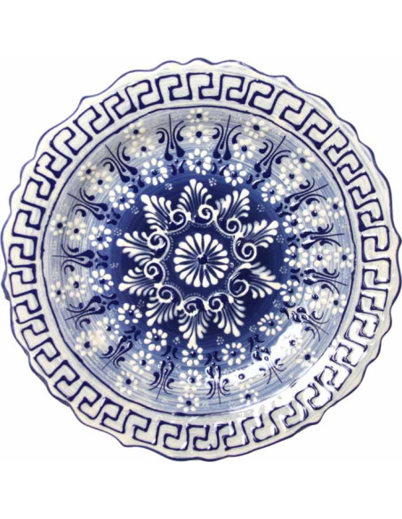 Assiette turque blanche à mandala bleu et frise grecque