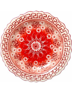 White Turkish plate, red mandala and Greek key border