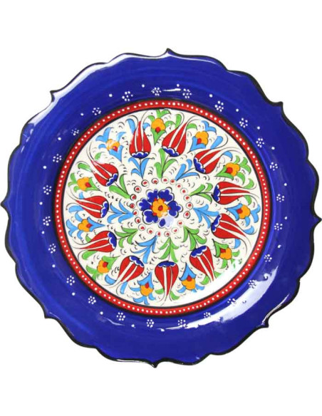 Assiette turque festonnée bleu roi à tulipes