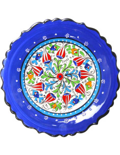 Assiette turque 10 po festonnée bleu roi à tulipes