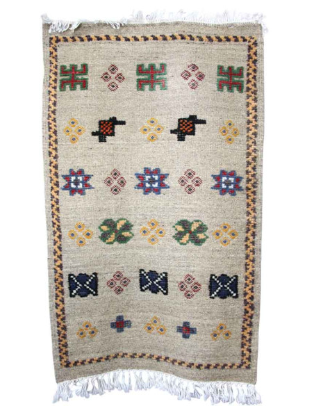Wool rug in grey with blue and green Berber motifs, 24.5 x 41 in