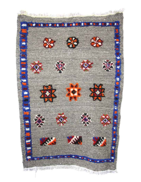 Tapis en laine gris à bordure bleue et étoiles, 26,5 x 40 po