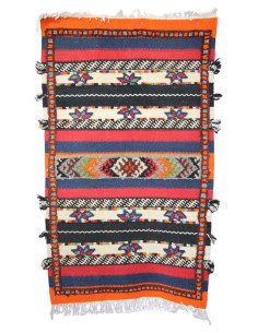Wool rug with multicolour stripes and pompoms, 24.5 x 41 in