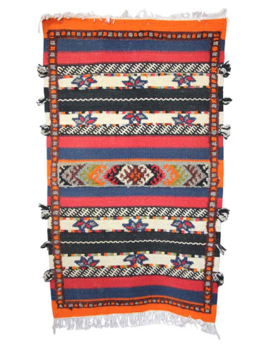 Wool rug with multicolour stripes and pompoms,...