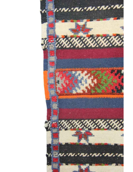 Wool rug with multicolour stripes and orange edge, 24.5 x 41 in