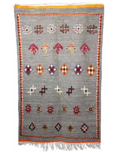 Tapis en laine gris à bord orange et motifs...