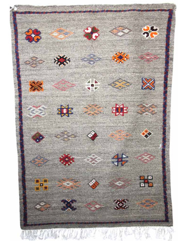 Wool rug in grey with purple border and...