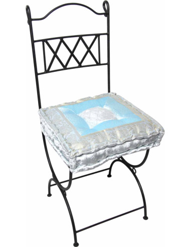 Wrought iron chair with white and sky blue cushion