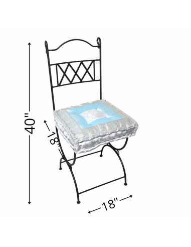 Wrought iron chair with white and sky blue cushion