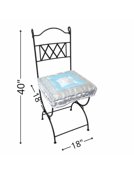 Wrought iron chair with white and sky blue cushion