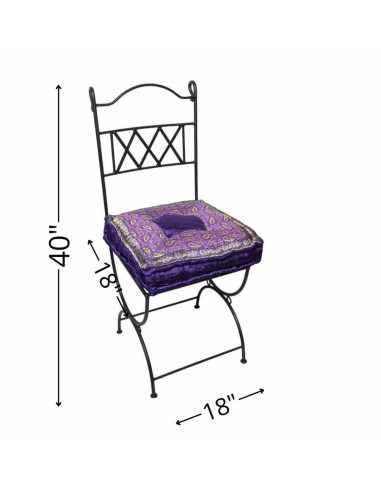 Wrought iron chair with purple cushion