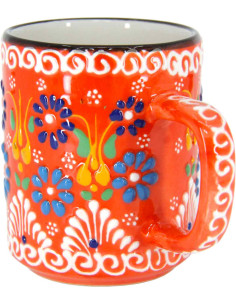 Tasse turque rouge orangé à fleurs bleues 2