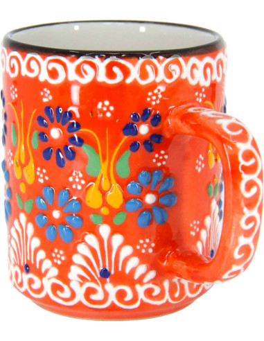 Tasse turque rouge orangé à fleurs bleues