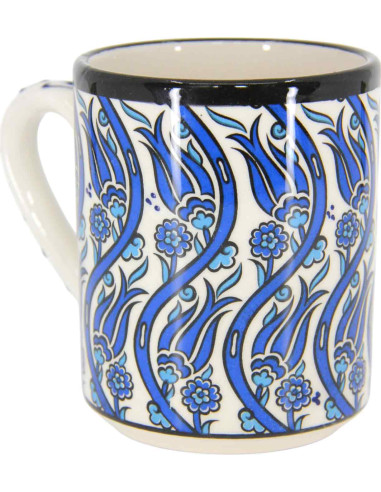 White Turkish mug with waves of blue tulips