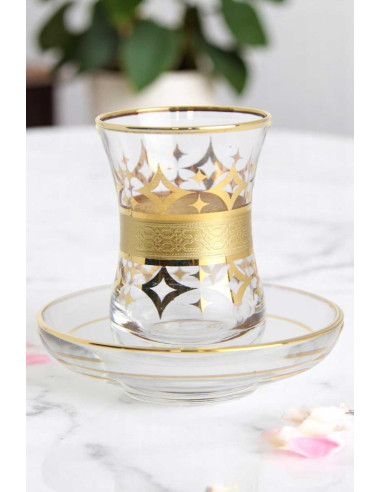 Turkish Tea Glass with Saucer – Gold Band