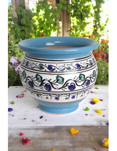 Sky blue ceramic planter with blue and green leaves 2