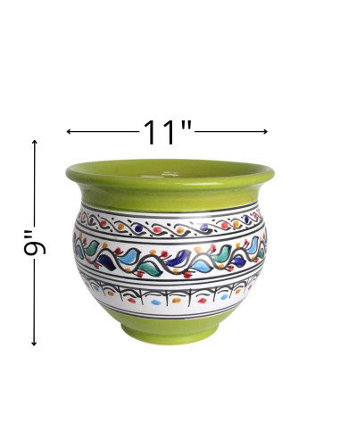 Cache-pot en céramique vert anis à oiseaux