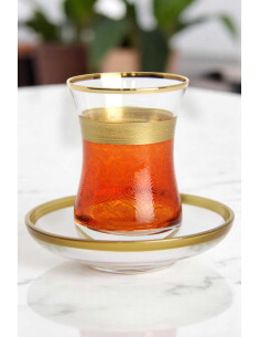 Turkish Tea Glass with Saucer – Magenta & Gold