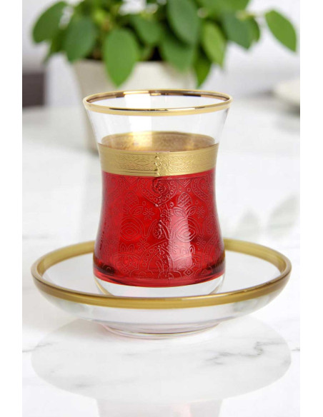 Verre à thé turc avec soucoupe – Magenta et or