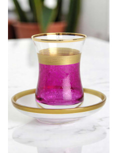 Turkish Tea Glass with Saucer – Magenta & Gold 2