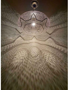 Moroccan Silver Khobza 2 Ceiling Light, star pattern, 18 in