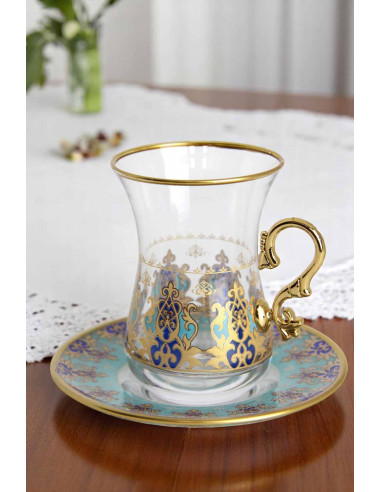 Turkish Tea Glass with Handle – Gold & Turquoise