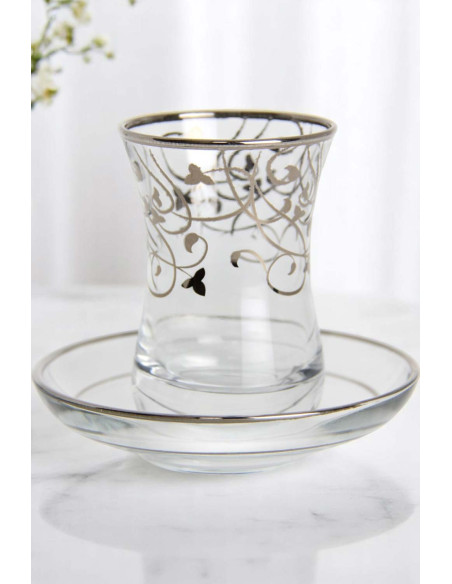 Turkish Tea Glass with Saucer – Silver Pattern