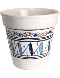 Flared white ceramic planter with blue leaves