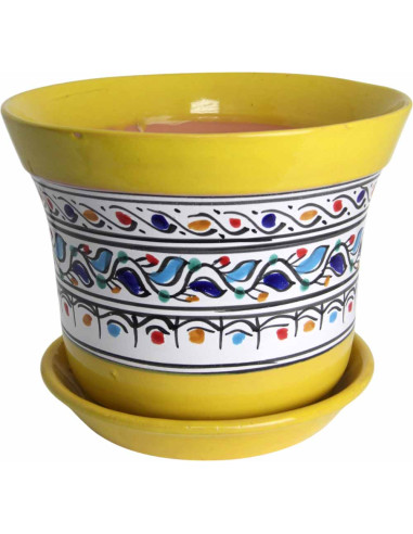 Flared yellow ceramic planter with saucer